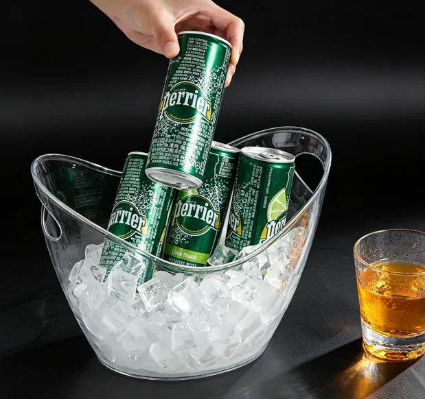 Clear PS Plastic Ice Bucket with Dual Carry Handles | Transparent Beverage Chilling Tub