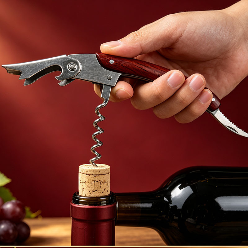 Wood Handle Multifunctional Wine Opener, Stainless Steel Double Hinge Corkscrew for Red Wine Bottle Opening