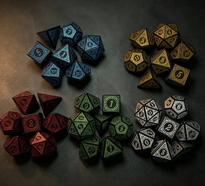 Vintage Engraved Zinc Alloy Metal Polyhedral Dice Set | Multi-Color DND RPG Game Dice
