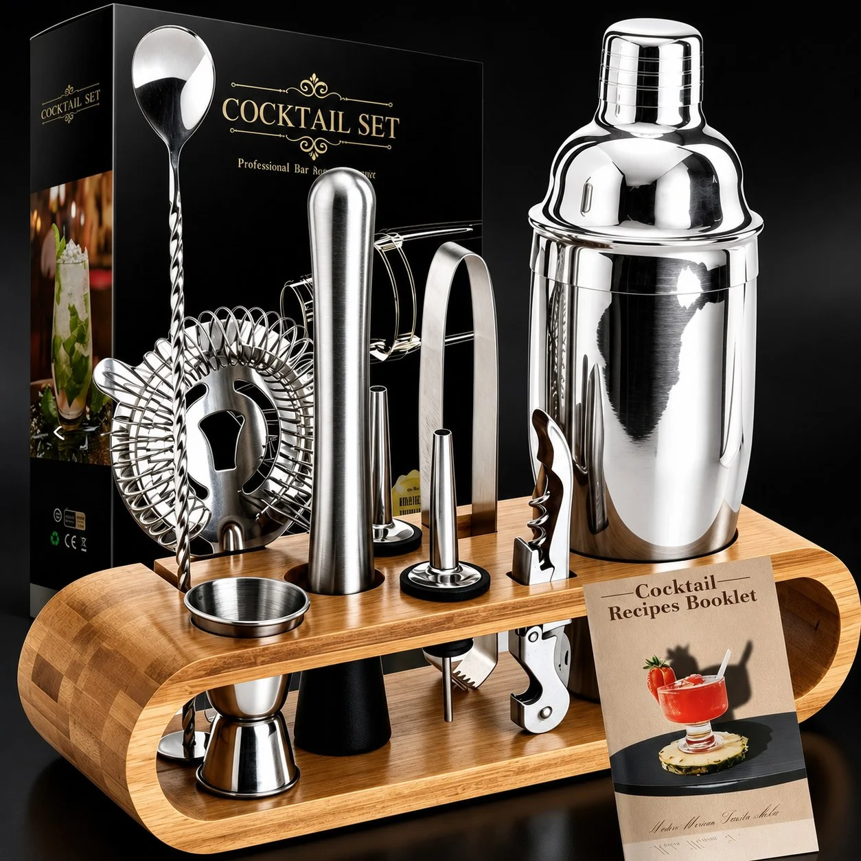 Stainless Steel Cocktail Bartender Tool Set with Wooden Storage Stand | Home Bar Mixology Kit