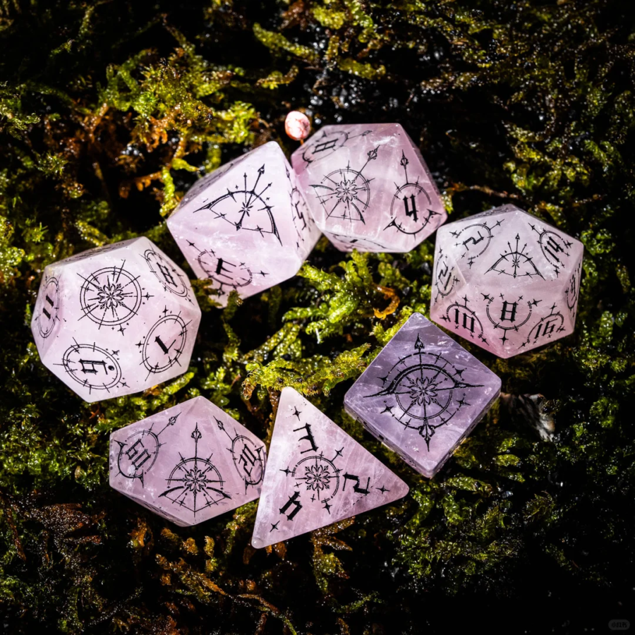 Natural Amethyst Polyhedral Dice Set, Black Compass Rune Engraved Gemstone DND Dice for Tabletop RPG Games