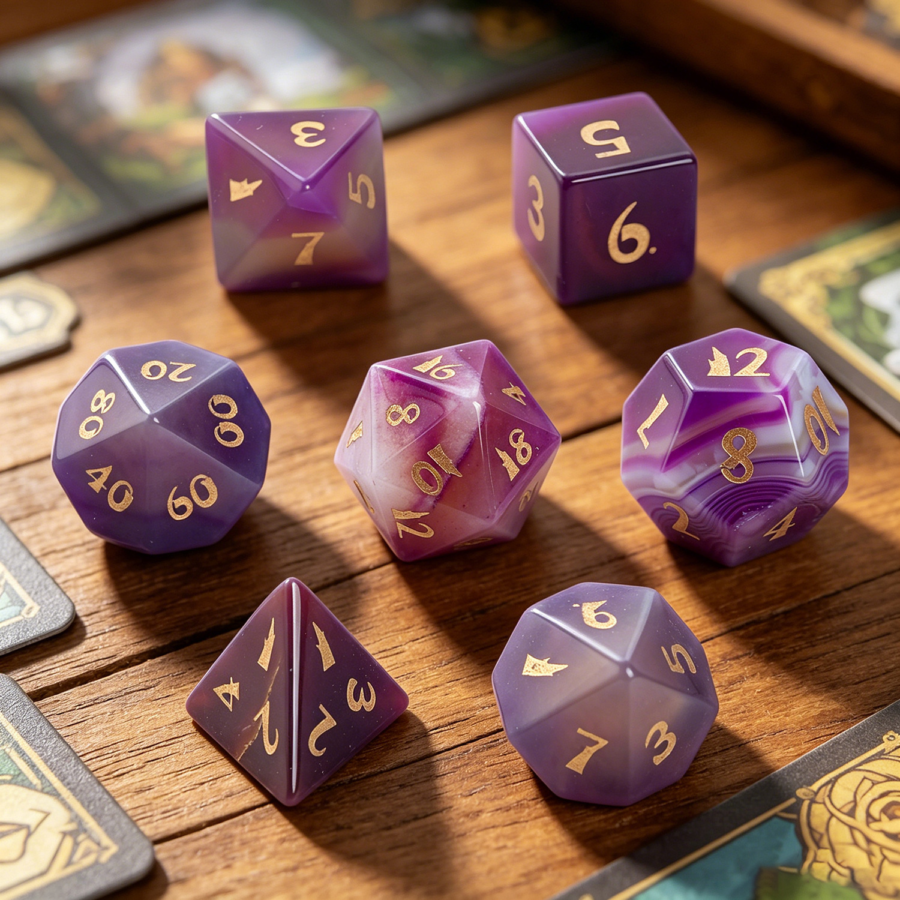 Natural Purple Agate Polyhedral Dice Set, Hand Carved Gemstone DND Dice with Gold Numbering for RPG Table Games