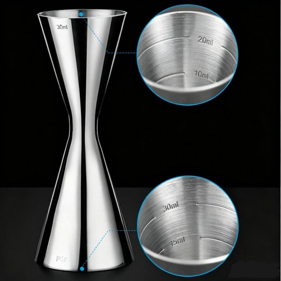 One‑piece formed 304 stainless steel double‑ended cocktail jigger with inner etched volume markings for bar cocktail mixing