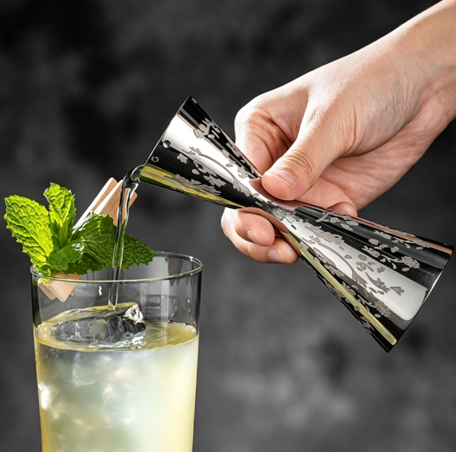 Decorative Etched Pattern Double‑Ended Cocktail Jigger, Premium Stainless Steel Measuring Cup With Inner Scale, Multiple Sizes Available