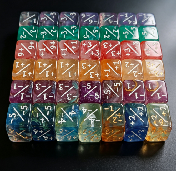 +1‑1‑ Counter Dice Set – 16mm Marbled Acrylic D6 Token Dice for MTG