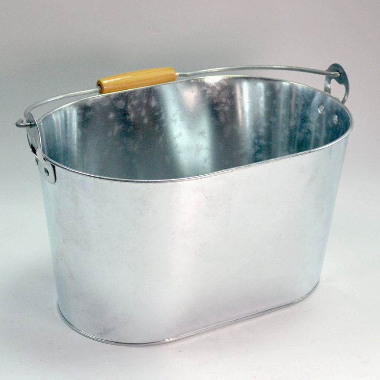 10L Oval Galvanized Tin Ice Bucket | Custom Logo Metal Beverage Bucket With Wooden Handle
